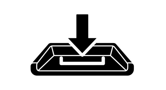 Black and white icon of an arrow pointing down into a tray, suggesting downloading, receiving, or saving, isolated on transparent background