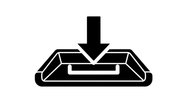Black and white icon of an arrow pointing down into a tray, suggesting downloading, receiving, or saving, isolated on transparent background