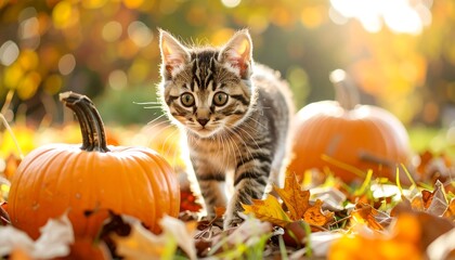 Adorable kitten amidst autumn pumpkins
