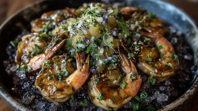 Artfully arranged whole shrimp in a circular pattern on crushed ice, elegantly presented on dark stoneware.