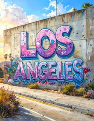 Vibrant graffiti mural of "Los Angeles" on a concrete wall