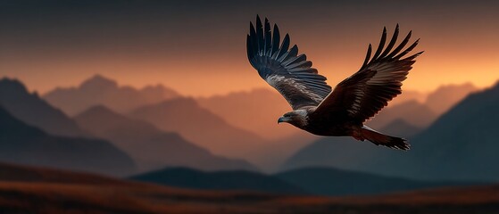 Silhouette of eagle soaring high above mountain peaks majestic bird of prey with glowing horizon wildlife scene in nature landscape