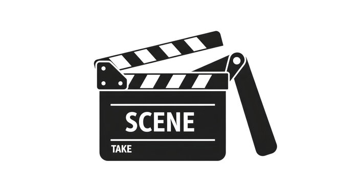 Illustration of a clapperboard with the words scene and take isolated on transparent background, representing filmmaking, video production, and the entertainment industry