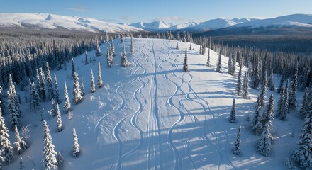 A snow-covered hill with ski tracks among snow-laden trees, set against distant mountains under a blue sky.