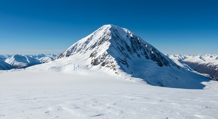 Snow-covered mountain under clear blue sky, with distant peaks and foreground expanse of pristine snow.