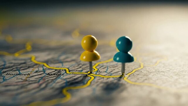 Close up of yellow and blue push pins marking locations on a detailed map with yellow lines