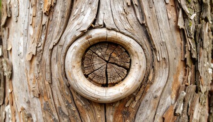 Fototapeta premium Close-up of tree bark, featuring a knothole with a cross-like center. Detailed textures