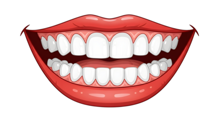 Illustration of a wide smile with healthy white teeth and red lips, isolated on transparent background the image conveys happiness, dental care, and a positive expression