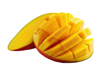 Close-up of a sliced ripe mango, vibrant yellow segments