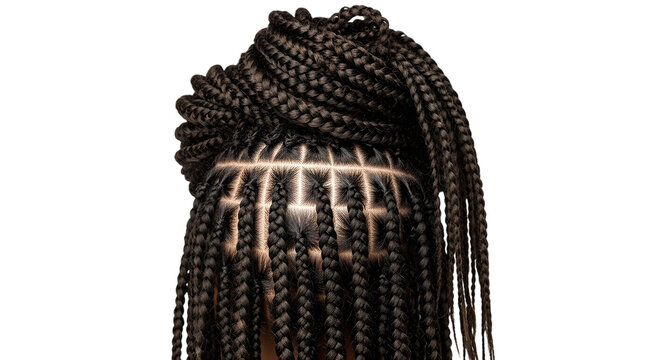 Closeup of a womans head with box braids hairstyle isolated on transparent background, showcasing the intricate pattern and texture of the braids, a popular protective style