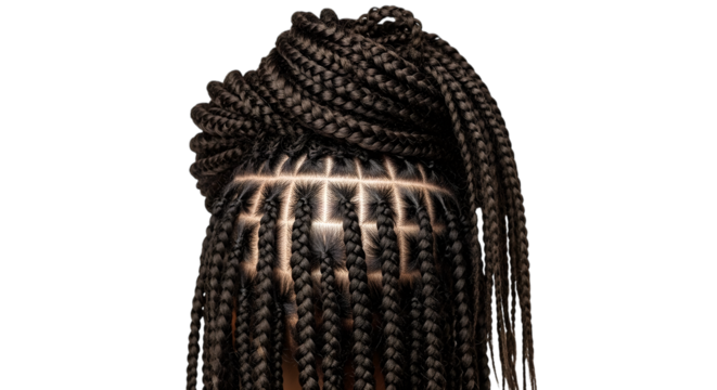 Closeup of a womans head with box braids hairstyle isolated on transparent background, showcasing the intricate pattern and texture of the braids, a popular protective style