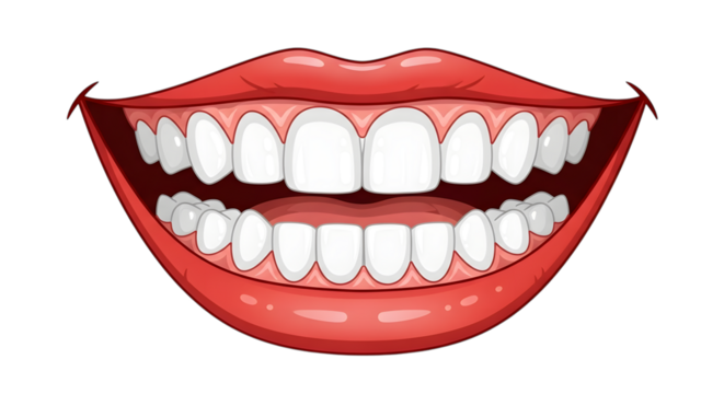 Illustration of a wide smile with healthy white teeth and red lips, isolated on transparent background the image conveys happiness, dental care, and a positive expression