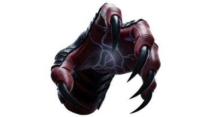 A menacing monster claw, isolated on transparent background, with sharp black nails and textured red skin, poised to strike, creating a sense of fear and danger
