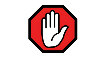Stop hand sign isolated on transparent background a red octagon with a black border contains a white hand with fingers extended, indicating a halt or restriction