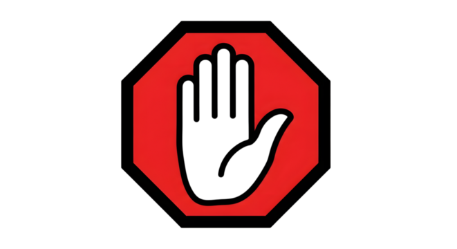 Stop hand sign isolated on transparent background a red octagon with a black border contains a white hand with fingers extended, indicating a halt or restriction