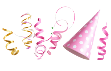 Party decorations, pink and gold streamers, and a polka dot party hat
