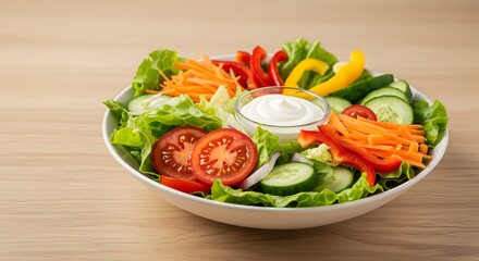 Fresh salad bowl with mixed vegetables, vibrant colors, and a creamy dressing, perfect for a healthy meal.