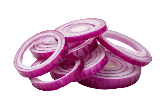 Close-up of sliced red onions.  Stacked rings of vibrant purple-red