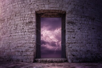 Mysterious ancient stone portal opens to dark stormy night sky, flying bats, copy space, text space.