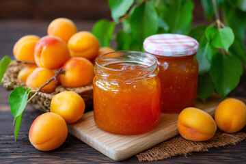 Apricot jam in jars with fresh apricots and green leaves nearby