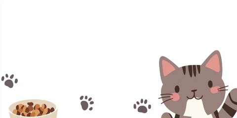 Fototapeta premium Cute cartoon cat with food bowl and paw prints on a white background creates an inviting atmosphere