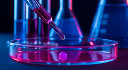 Precise liquid drop falls from pipette into petri dish with scientific glassware illuminated by neon glow