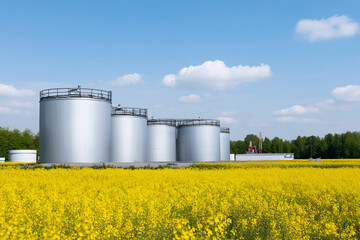 Industrial tanks beside vibrant yellow flower fields in spring