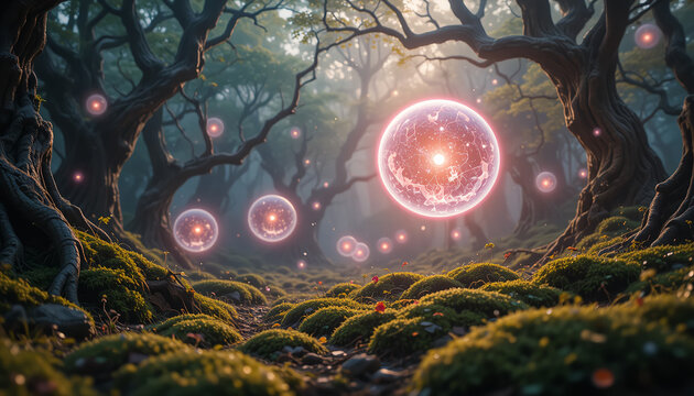 Mystical Forest Scene with Glowing Floating Orbs and Illuminated Trees in Fantasy Environment