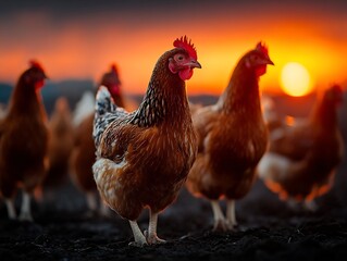 Silhouette of chickens pecking farm ground at sunrise glowing orange sky with natural rural background poultry farming scene for agriculture visuals