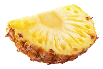 Close-up slice of pineapple, vibrant yellow flesh, brown husk