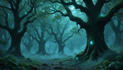 Fototapeta premium Magical Forest with Glowing Trees and Bioluminescent Elements in Mystical Atmosphere