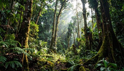 Lush rainforest canopy, sunlight filtering through trees
