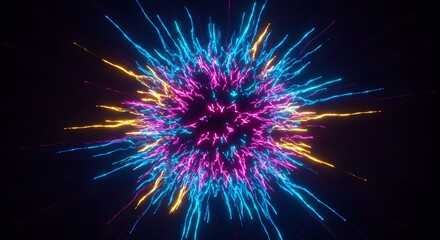 A vibrant explosion of neon lights radiating outward against a dark and contrasting background space effect