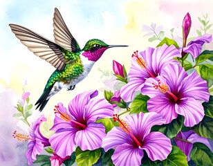 Vibrant hummingbird among hibiscus blossoms