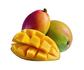 Close-up of two whole and a sectioned mango. Vibrant yellow-orange flesh contrasted with reddish-pink and green skins