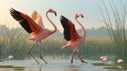 Pair of flamingos dancing in shallow water, synchronized wing stretch, droplets sparkling in the air like tiny jewels
