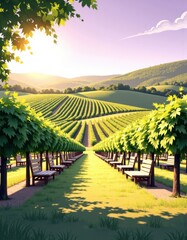 Fototapeta premium Adult and child enjoying a vineyard seating area near lush grape fields
