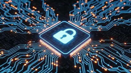 A luminous blue padlock icon on a dark circuit board with orange lights and blue wiring lines - Powered by Adobe