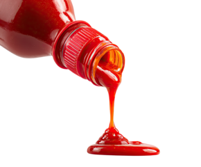 Red sauce pouring from a plastic bottle