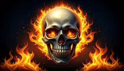Realistic skull engulfed in bright, dynamic flames against a dark, speckled backdrop