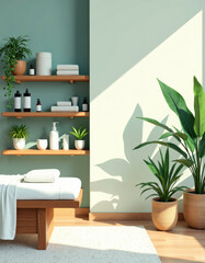 Organized wellness center featuring spa equipment and calming decor