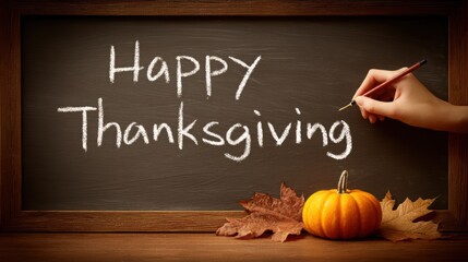 Happy thanksgiving message written on a chalkboard with a hand holding a piece of chalk, pumpkin and fall leaves decoration completing the warm autumn holiday scene