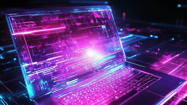 Futuristic transparent laptop showing glowing lines of code on circuit board