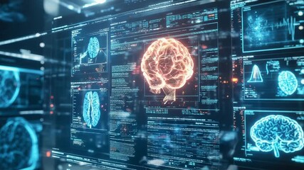 Futuristic interface showing brain analysis and data processing - Powered by Adobe