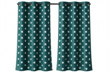 Teal curtains with white polka dots, transparent backdrop highlighting decorative textile pattern for modern interior design inspiration