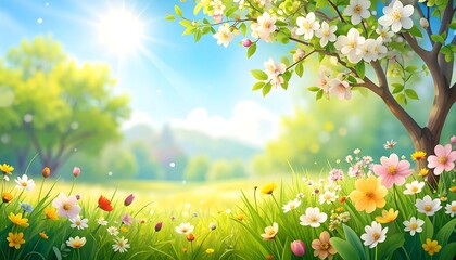 A sunny landscape with flowering trees, wildflowers, lush grass, and bright sky