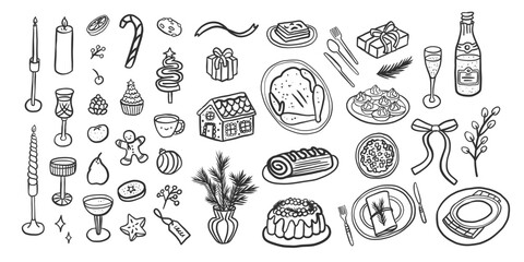 Set of charming whimsical Christmas outline illustrations of festive food, tableware and drinks for invitations, greeting cards, menus, posters, products, blogs, web design and patterns