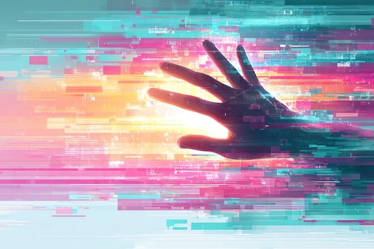 outstretched hand silhouette breaking into pixel fragments and luminous code streams, high-energy glitch aesthetic, chromatic aberration, teal and hot pink highlights