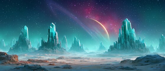 vast crystal desert with towering quartz spires glowing under a teal-magenta aurora nebula