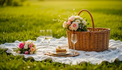 Romantic picnic scene with wine, cake, and flowers in sunlit meadow, perfect for summer celebrations